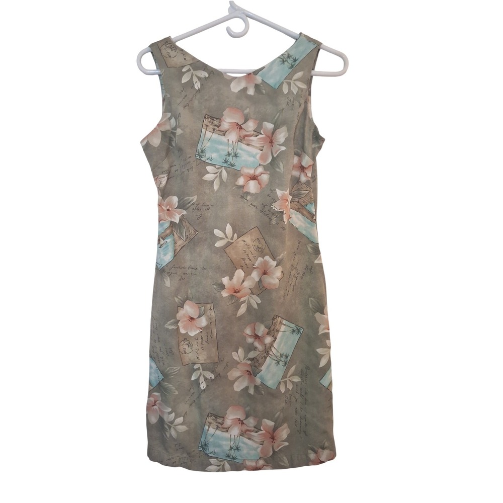 Vtg Caribbean Joe Womens PS Petite Tropical Postcard Floral Sheath Dress Green